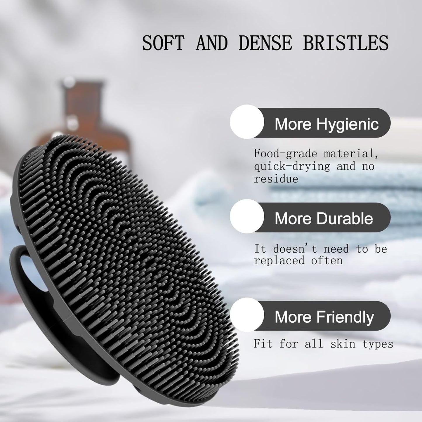 Food-Grade Soft Silicone Body Scrubber Shower Brush Handheld Cleansing Skin Brush, Gentle Exfoliating and Lather Well (Black)