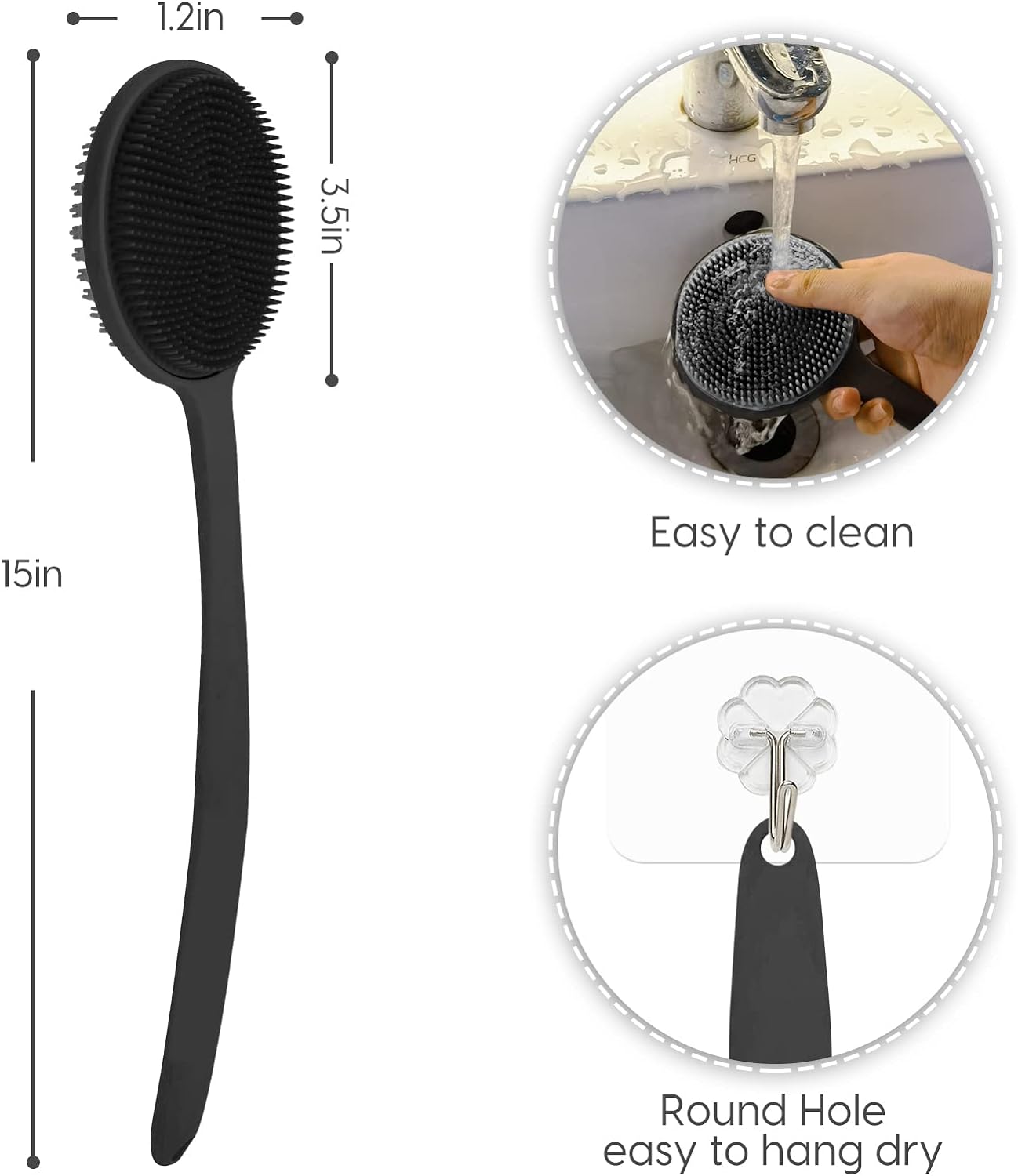 Silicone Back Scrubber for Shower, Bath Body Brush with Long Handle, Double Sided Shower Brush for Shower Exfoliating and Massage Can Produce Rich Foam, Long Handle Back Scrubber for Men