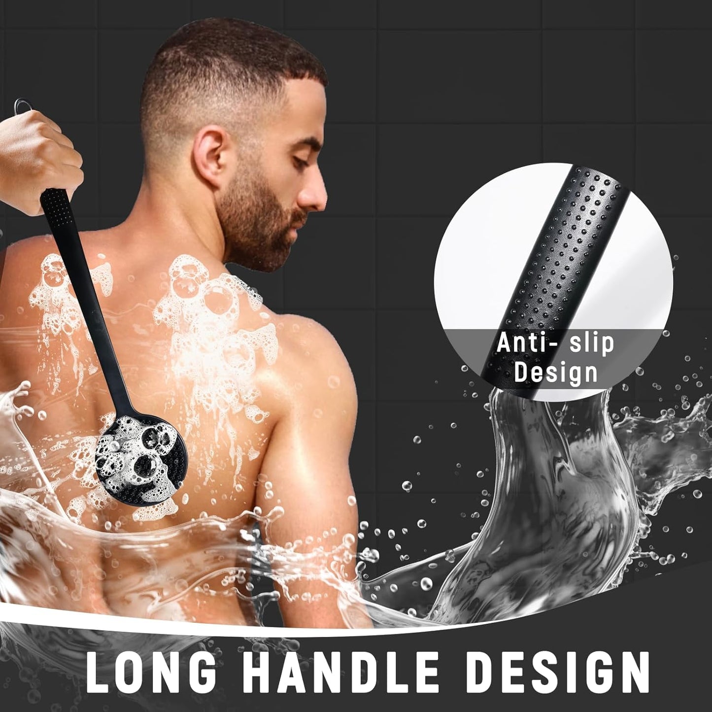 Silicone Back Scrubber for Shower, Bath Body Brush with Long Handle, Double Sided Shower Brush for Shower Exfoliating and Massage Can Produce Rich Foam, Long Handle Back Scrubber for Men