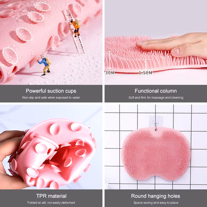 Wall Mounted Back Scrubber Shower Massage Pad Silicone Body Washer with Suction Cup Foot Mat Exfoliating Dead Skin for Adults