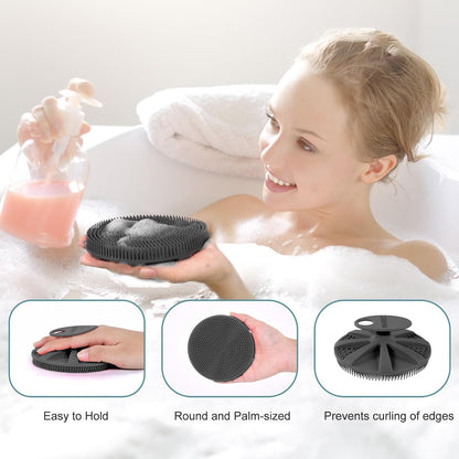 Food-Grade Soft Silicone Body Scrubber Shower Brush Handheld Cleansing Skin Brush, Gentle Exfoliating and Lather Well (Black)